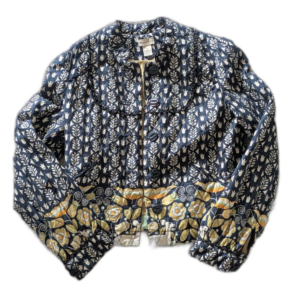 Elevenes Anthropologie Navy Blue Boho Quilted Crop Folk Art Design Coat Sz 8